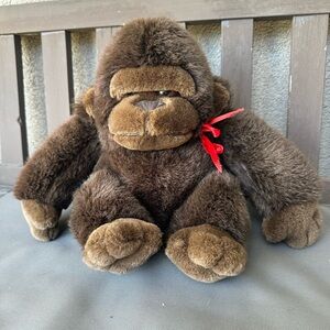 Source Unknown Brown Vintage Gorilla Plush with Red Ribbon